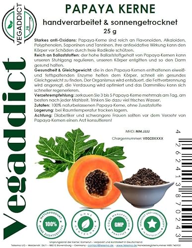 Papayakerne | naturbelassen | sonnengetrocknet| Papaya Pfeffer | Hoher Papain- und Carpain-Gehalt | Keine Zusatzstoffe | Rohkost | Vegan | Laborgeprüft | Gluten- und Laktosefrei | 25g