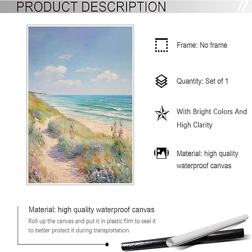 Miniatura 2 de Lienzo decorativo de pared costero retro, camino de playa floreciente con flores silvestres, decoración de pared playera pastel para estética