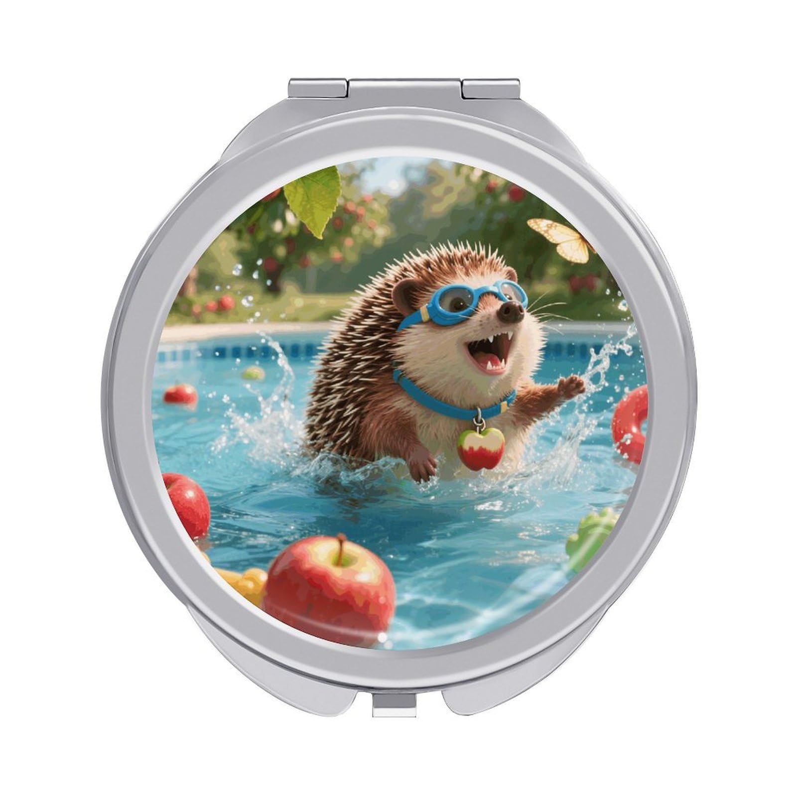 VstaDank Hedgehog Pool Dash Makeup Mirror Beautiful Compact Makeup Mirror Silver Mirrors Surface Folding Makeups Lightweight Travel Makeups Mirrors for Suitable Handbag and Purses
