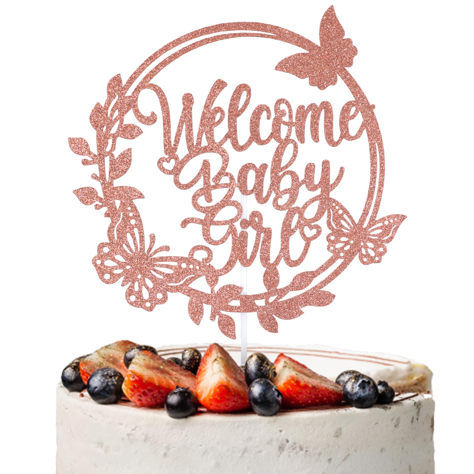 PEUTIER Welcome Baby Girl Cake Topper, Rose Gold, 1 Piece, 8.27x5.71 Inch, Gender Reveal & Baby Shower