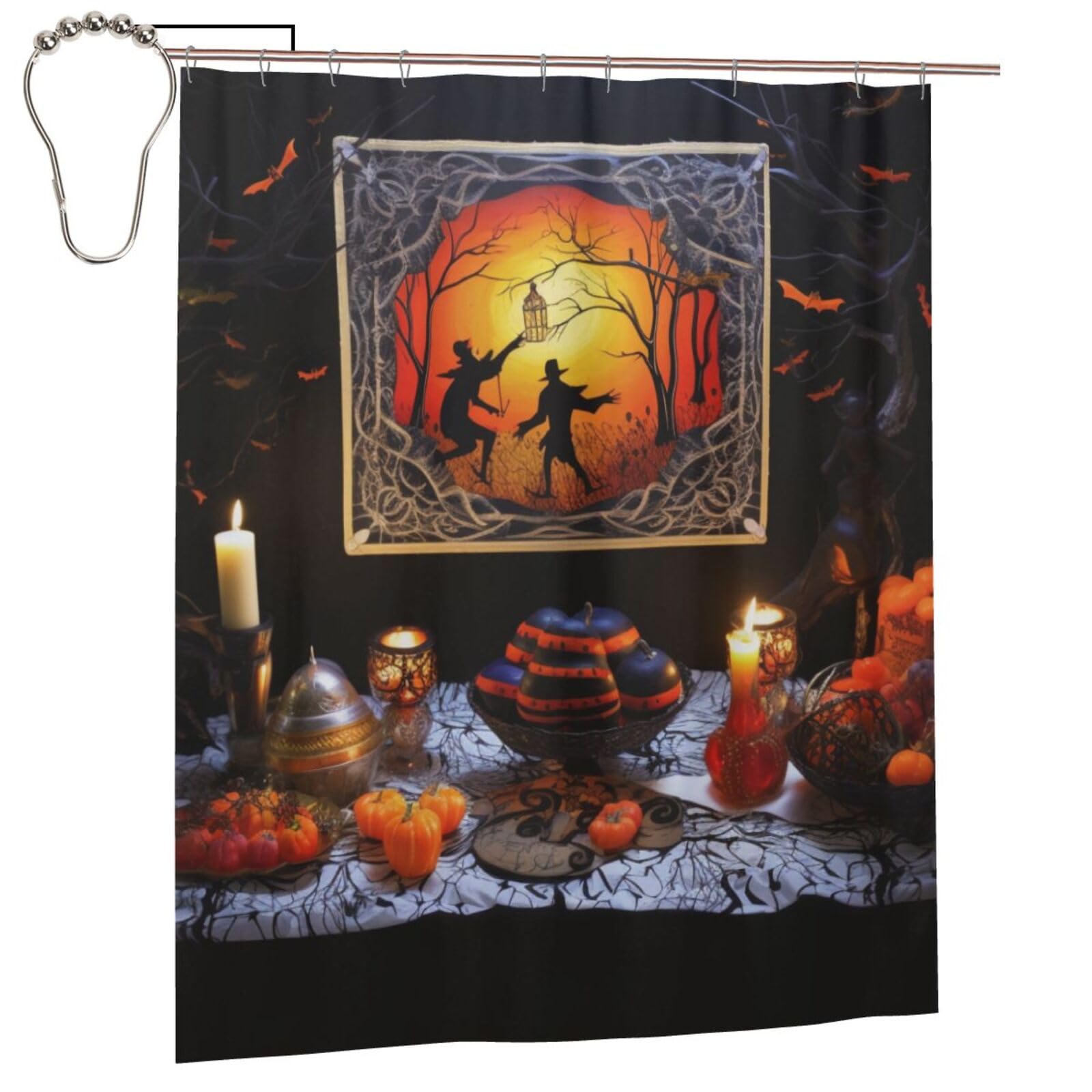 BWWHCCTI Halloween Party Printed Shower Curtain With 12 Iron Hooks Opaque Quick Drying Waterproof Shower Curtains Sets For Bathroom 152x183 Cm