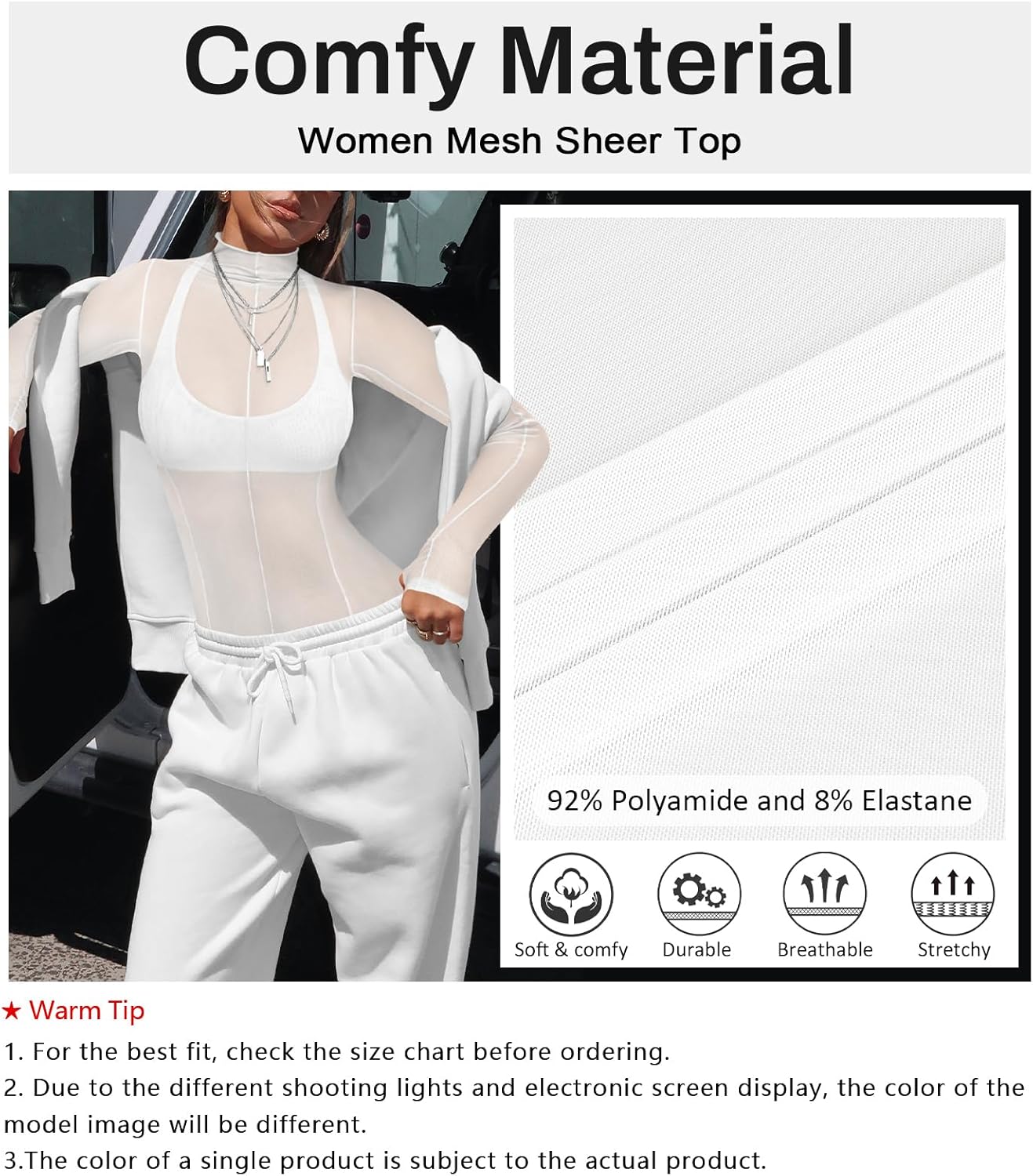 Mesh Sheer Long Sleeve Layering Tops for Women Mock Neck Sexy Going Out Lace Tee Shirt See Through Party Club Concert Blouse - Image 5