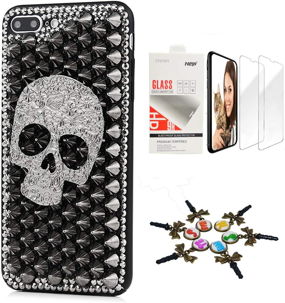STENES Bling Case Compatible iPhone 11 Pro - Stylish - 3D Handmade [Sparkle Series] Punk Rivet Big Skull Design Cover with Screen Protector [2 Pack] - Black