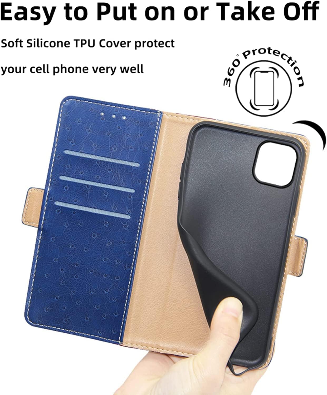 Leather Case for iPhone 14/14 Plus/14 Pro/14 Pro Max, Flip Wallet Case with Card Holder Kickstand Magnetic Clasp Shockproof TPU Shell (Color : Blue, Size : 14Pro)