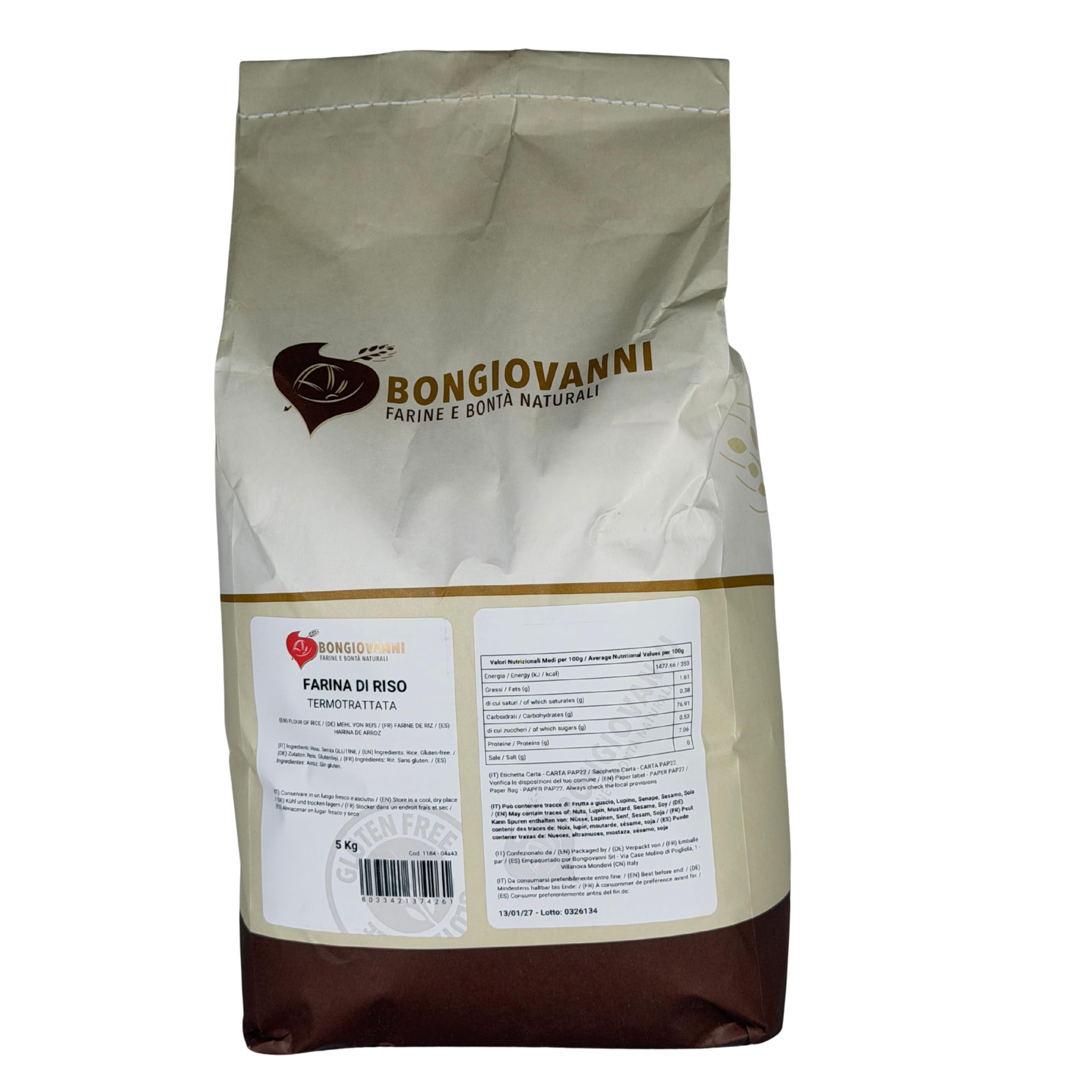 Bongiovanni Bontà Naturali Farine de Riz Traitée Thermiquement Sans Gluten Saveur Naturelle en Poudre 5 kg