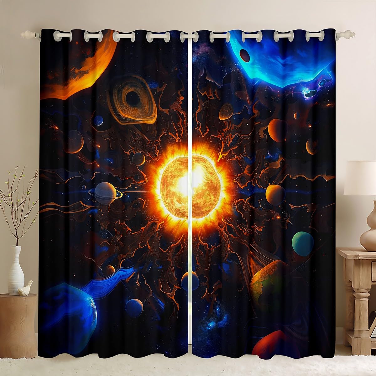 Homemissing Solar System Window Drapes Treatments Outer Space Curtains for Kids Boys Girls Cosmic Planets Sun Window Drapes Planet Theme Window Treatments, W52*L90,2 Panels