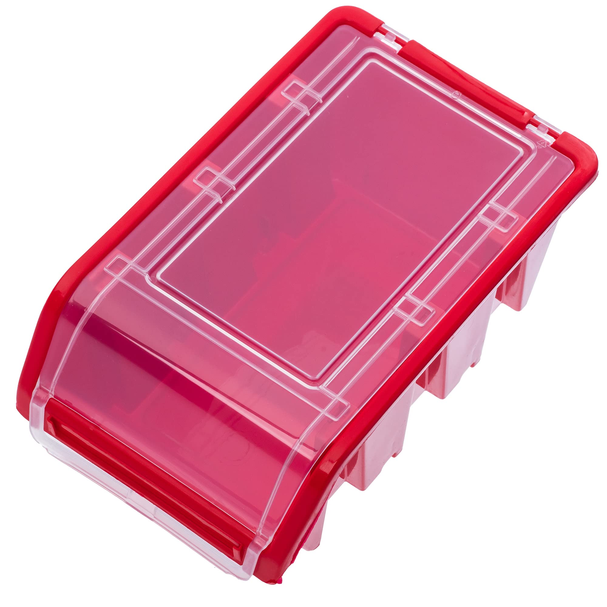 KADAX Caja apilable con tapa, caja de almacenamiento de plástico PP, en diferentes tamaños y colores, cajas de almacenamiento con solapa para pared de herramientas (rojo, 20 unidades - 195 x 120 mm)