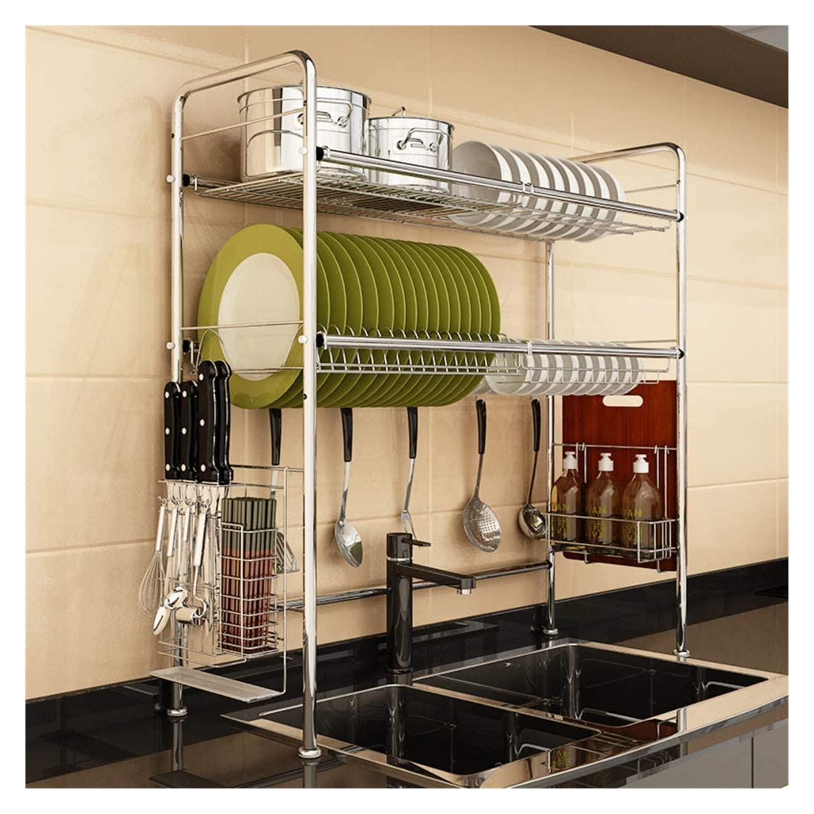 SaryEdge Dish Drainers Over Sink Dish Drying Rack,Stainless Steel Dish Rack Utensil Holder Kitchen Drainer Counter Organizer Supplies Shelf Storage-Silver 2-Tier 86Cm,