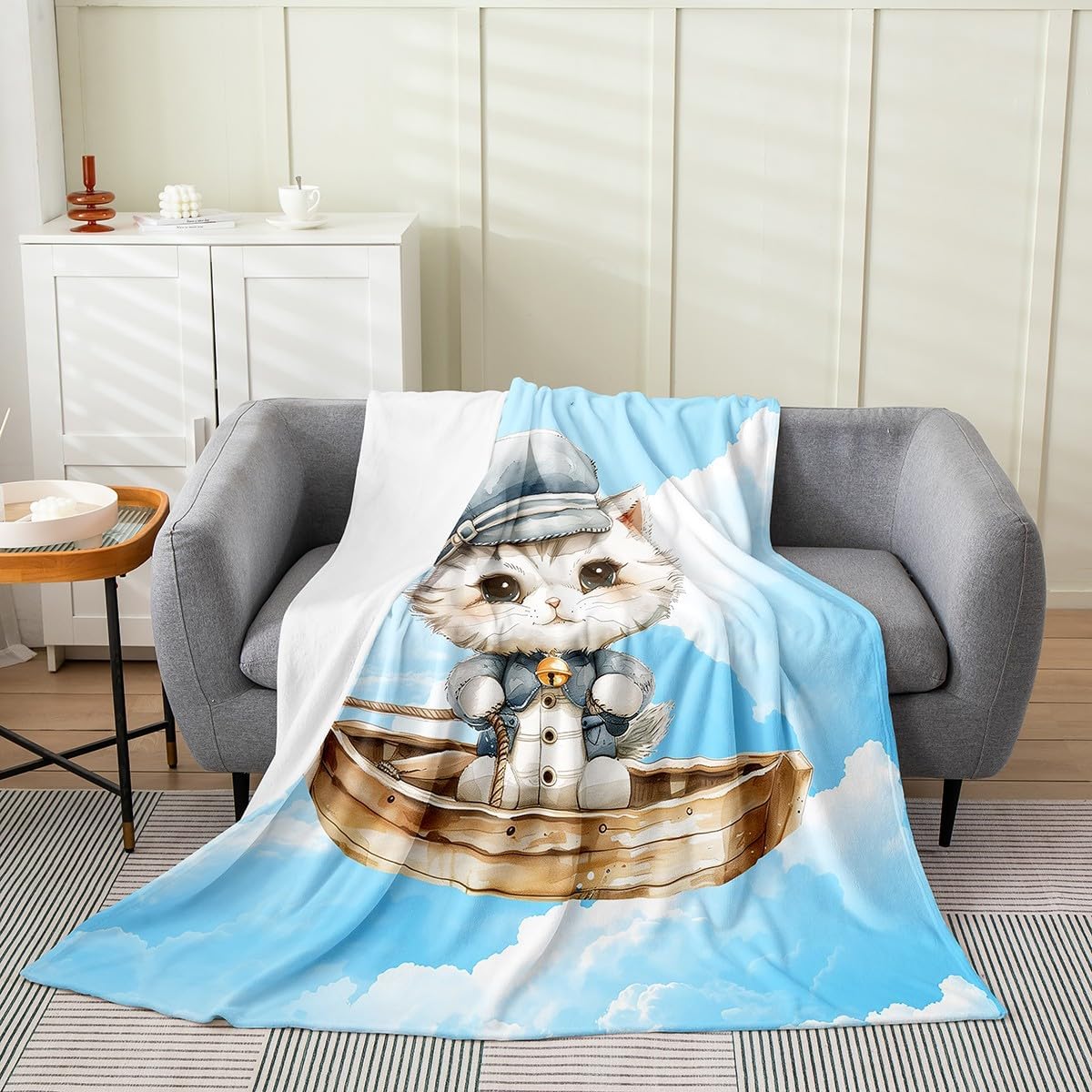 Navigation Ship Fleece Blanket,Cute Cats Pet Animals Bed Blanket for Kids Teens,Cartoon Kitten Flannel Blanket for Room Decor,Queen 90"x90"