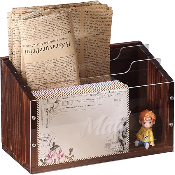 Mail Organizer with Clear Acrylic Dividers - Wooden Letter Holder for Desk, 3 Slot Mail Sorter Wall Mounted, Desktop Envelope Caddy for Home Office Organize Document Bill Mail Inbox Outbox