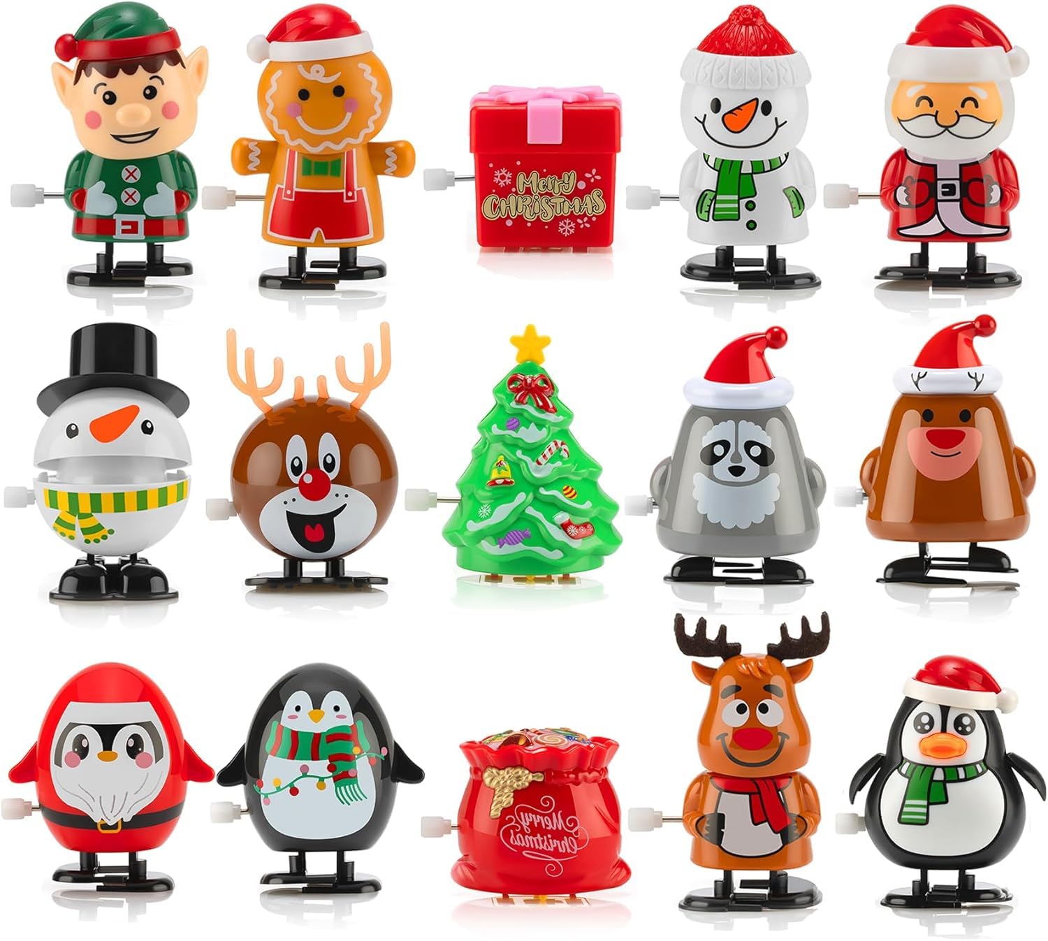 LATERN 15 Pièces Jouets à Remonter de Noël, 5CM x 7CM Jouets Mécaniques de Noël Mini Père Noël Bonhomme de Neige Pingouins Jouet Sauteur pour Enfants Noël Chaussettes Cadeau Fête Sac Remplissage