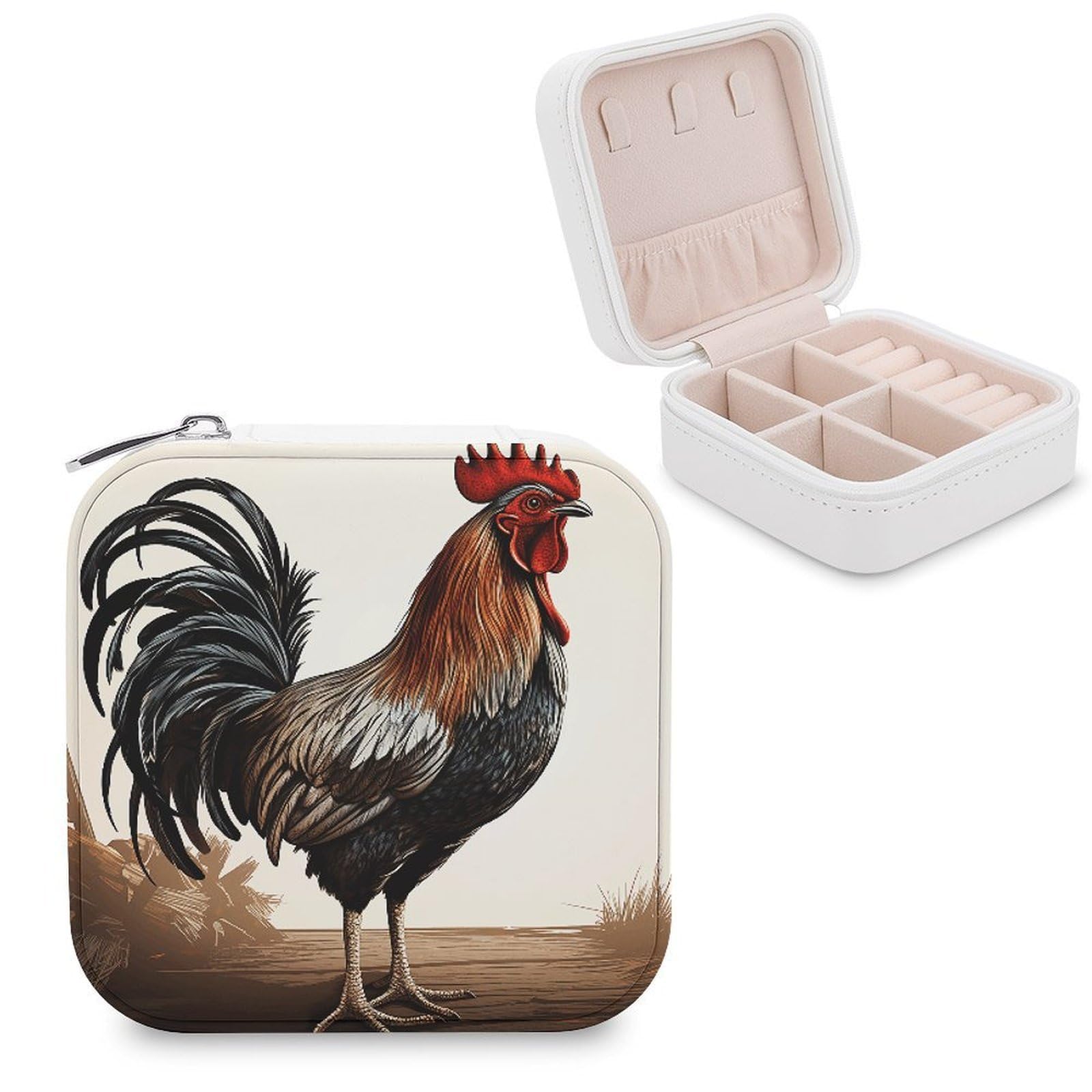 VstaDank Rooster Travel Jewelry Case Small Portable Jewellry Organizer Box PU Leather Organizer Boxes Personalized Jewellery Storage Holder Gift for Womens Rings Earrings