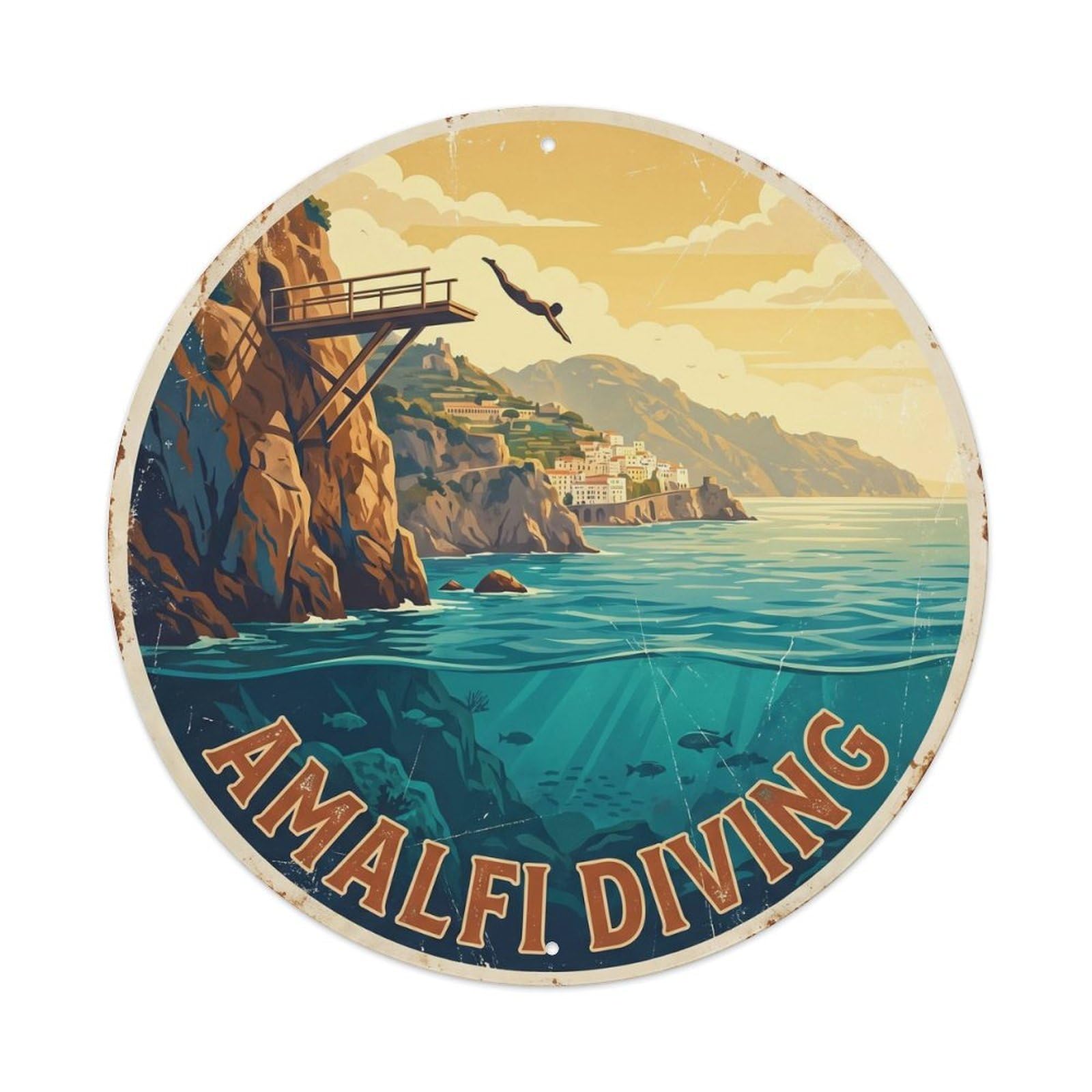 Vintage Travel Italian Coastal Diving Cliffs Metal Tin Sign Plaque