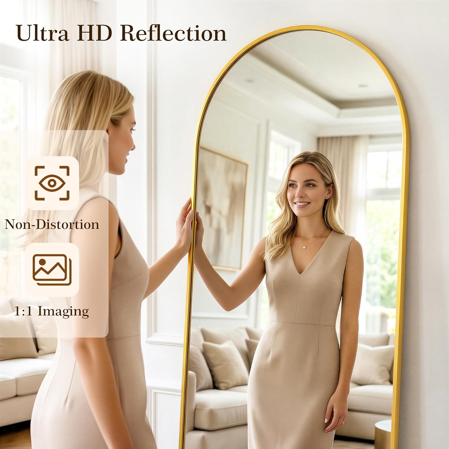 69"x28" Arched Full Length Mirror with Stand, Free Standing Leaning Wall Mounted Aluminum Alloy Frame Mirror for Bedroom Living Room Cloakroom, Gold