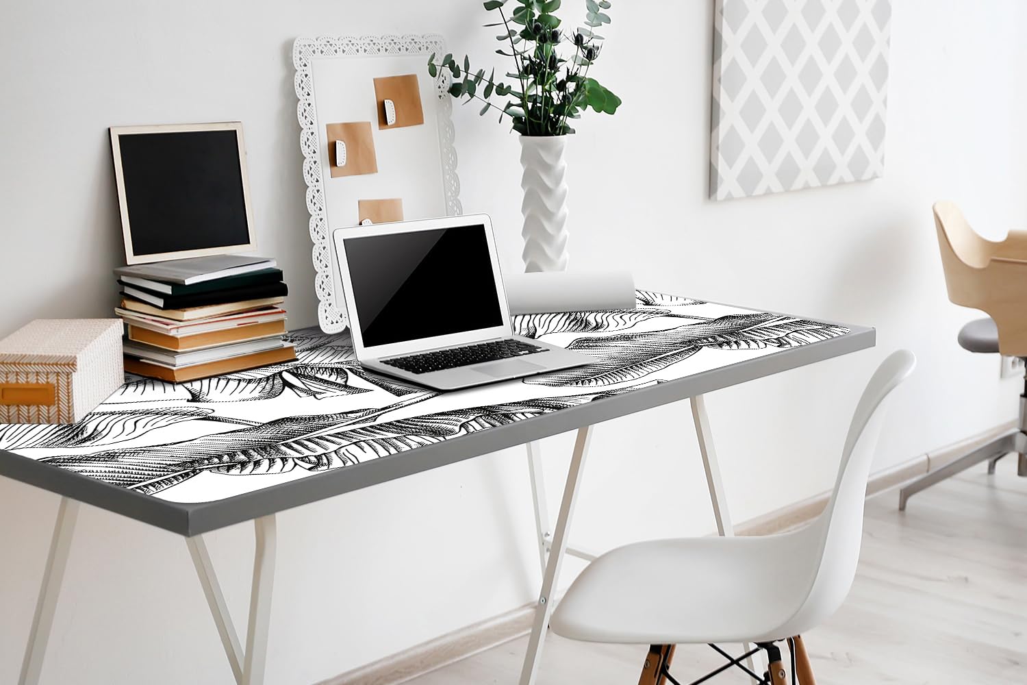 Tappetino da Scrivania 100x50 cm Protezione e Decorazione in Vinile PVC Antiscivolo Impermeabile Facile da Pulire Superficie Protettiva per Ufficio e Casa - Foglie nere