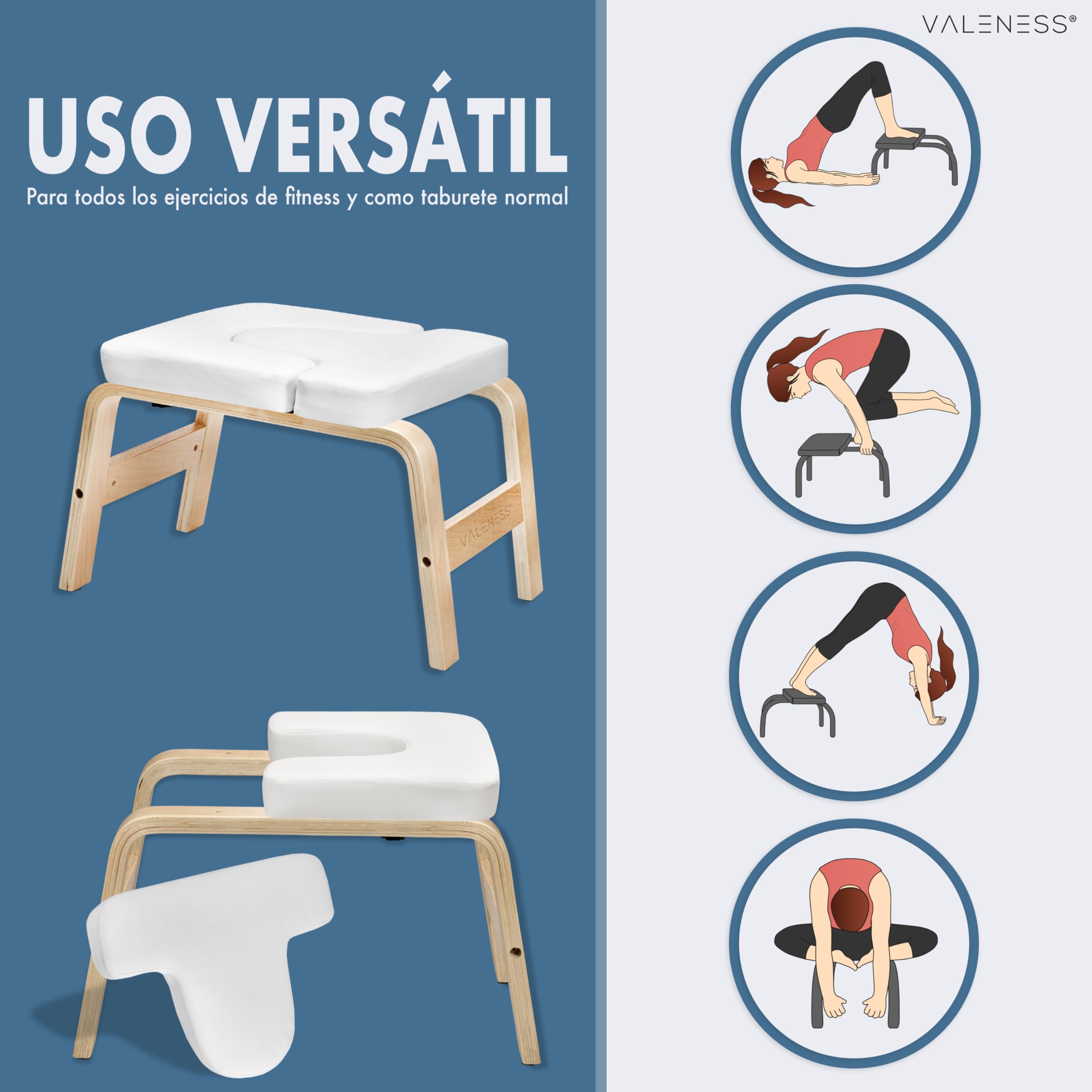 VALENESS® Taburete de Yoga para inversión en Madera con Correa y Bloque | De madera maciza, con correa de yoga, bloque y póster de ejercicios – para practicar inversiones de yoga en casa.