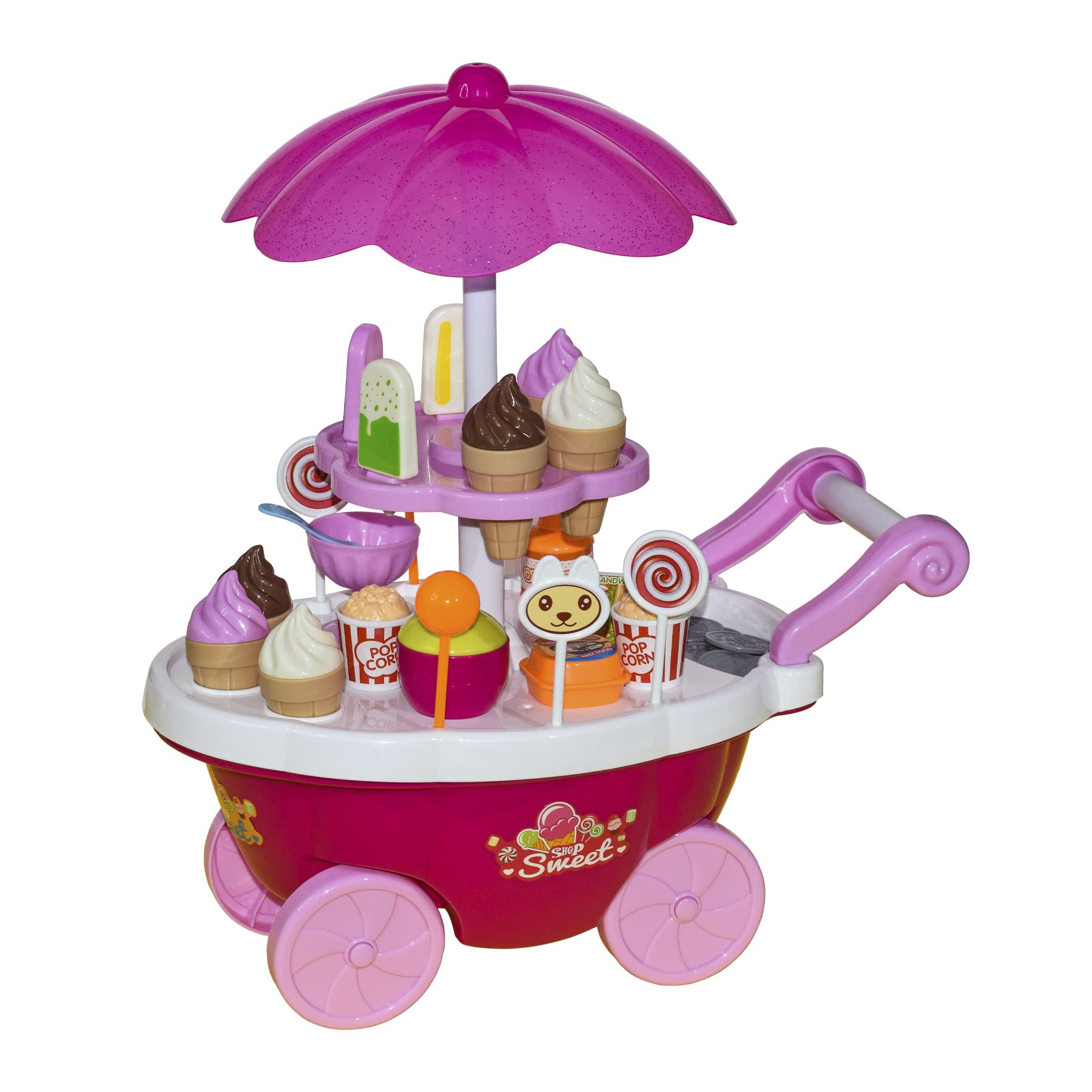 WISHKEY DIY Ice Cream Set for Kids, Icecream Set Toy Trolley for Kids, Educational Icecream Truck Toy Cart for Kids, Pretend Play Ice Cream Parlour for Kids Girls 3 Years+ (Pack of 50+ Pcs, Pink)
