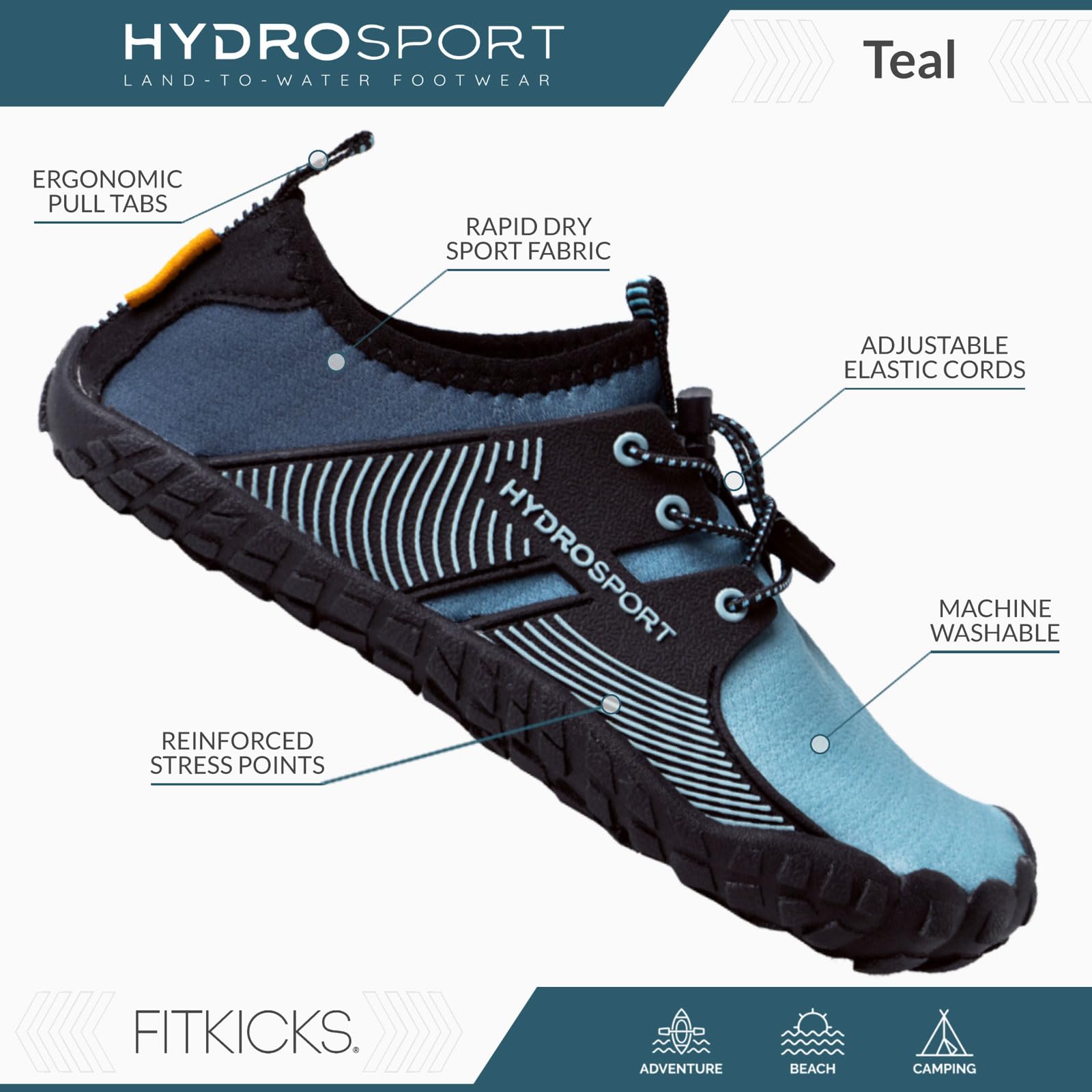 FITKICKS HydroSport Land-to-Water Footwear, Unisex Barefoot Shoes, Ideal for Beach, Yoga, Surf, Camping Accessories, Versatile Barefoot Shoes for Men and Women - Teal, Men's 7 / Women's 9