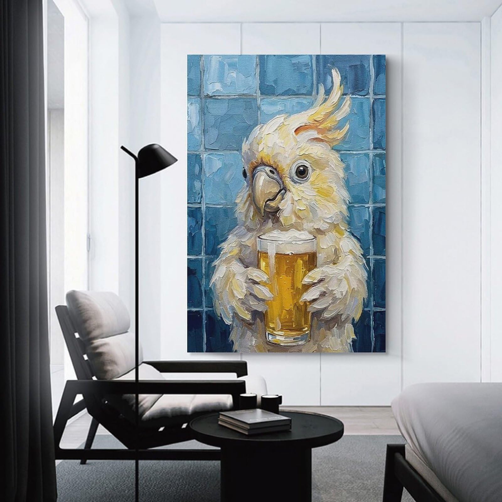 Junmoney Unframe-Style-21-1 Cockatoo With Beer Painting Canvas Wall Art, 24X36inch(60X90cm), For Workspace Walls, Study Corners Or Bedrooms, An Interior Accent For Desk Areas