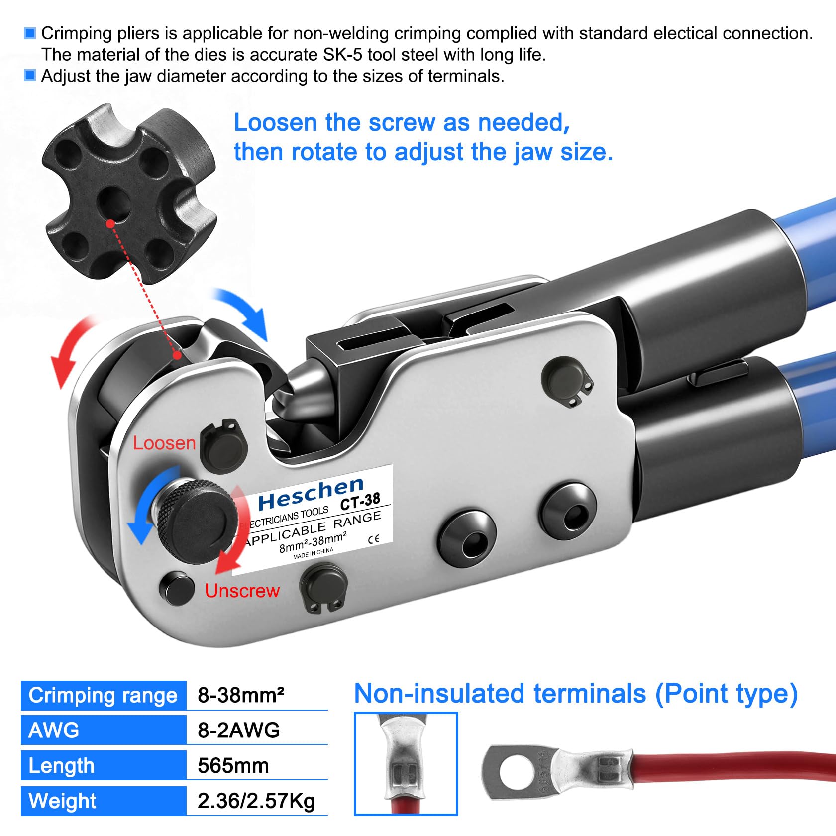 Heschen Pinza crimpatrice a cricchetto, CT-38, per terminali ad anello in rame da 8-2 AWG (8-38 mm²), pinze per elettricisti manuali per crimpatura terminali cavi, blu