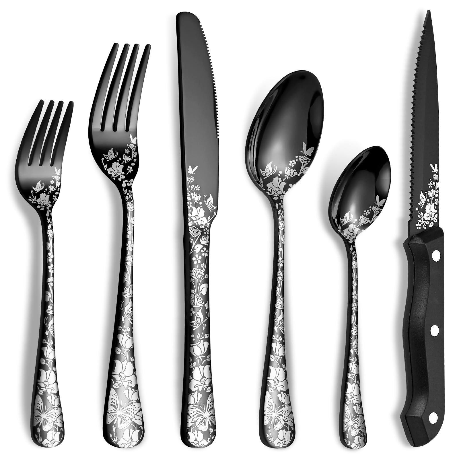 24-Piece Black Silverware Set with Steak Knife, Stainless Steel Flatware Cutlery Set Service for 4, Mirror Polished Tableware Eating Utensils Set for Home Kitchen, Dishwasher Safe