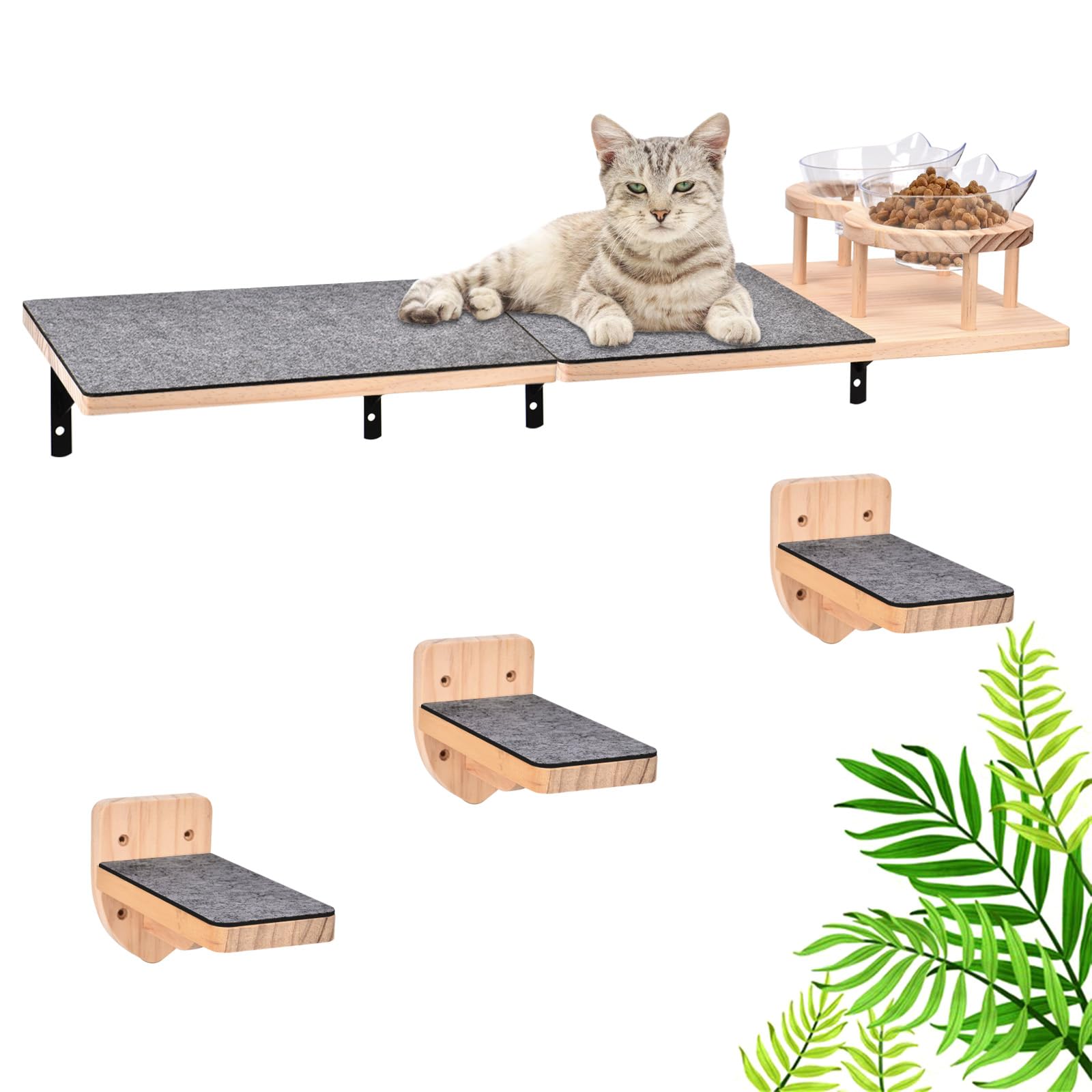 Wall Mounted Cat Hammock Cat Wall Shelves with 2 Food Bowls and 3 Steps,2pc Perches with Felt Covered,Wood Climbing Shelf with Feeding Station for Climbing Sleeping Playing