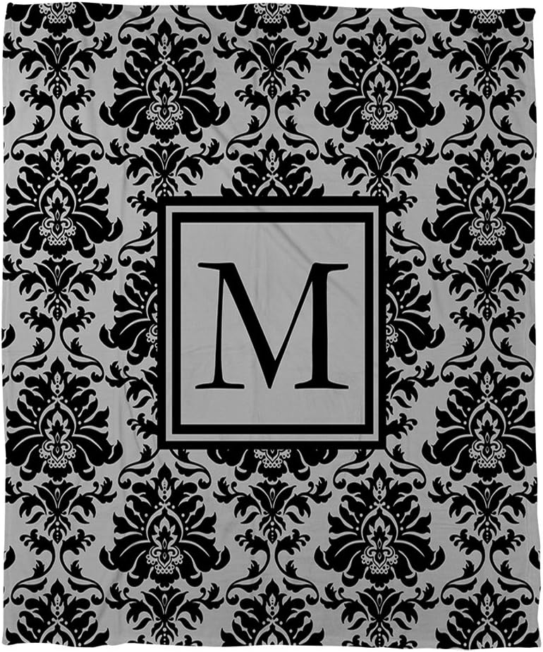 Manual Woodworkers & Weavers Coral Fleece Throw, 50 by 60-Inch, Monogrammed Letter M, Black and Grey Damask