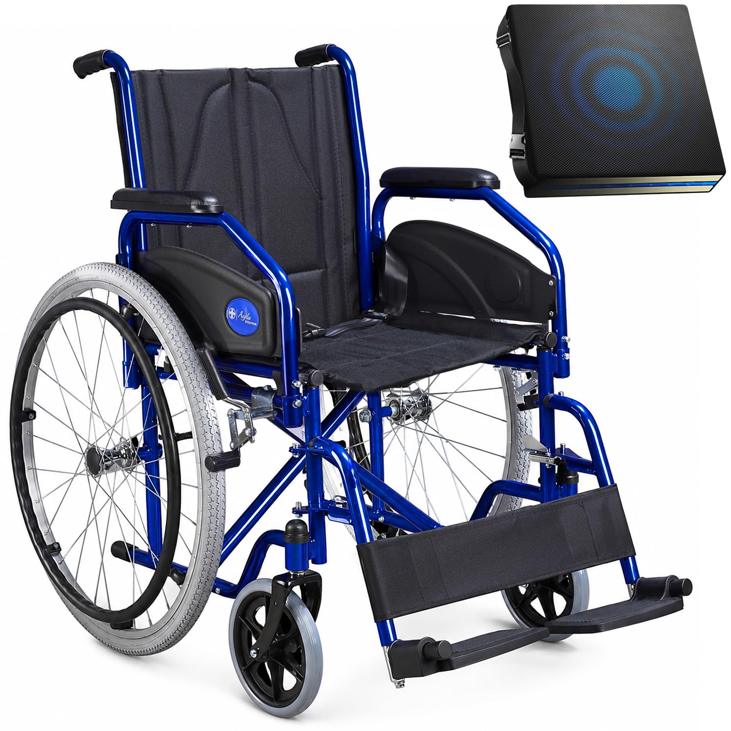 AIESI® Sedia a Rotelle pieghevole leggera per disabili ed anziani AGILA EVOLUTION, Cuscino antidecubito in gel, Braccioli e poggiapiedi estraibili, Cintura di sicurezza, Garanzia Italia 24 mesi