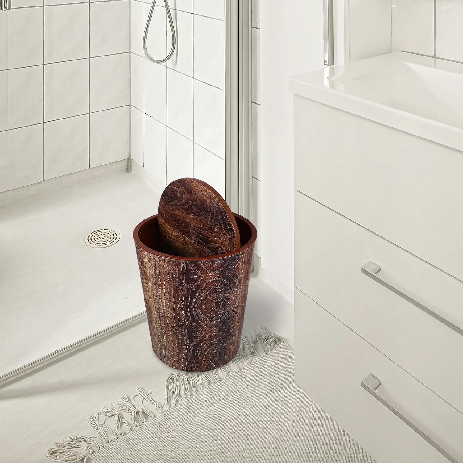 Compact Large Bathroom Trash Can with Rotating Lid, Walnut Wood Grain Plastic Wastebasket for Kitchen, Office, Bedroom, Home Storage and Organization