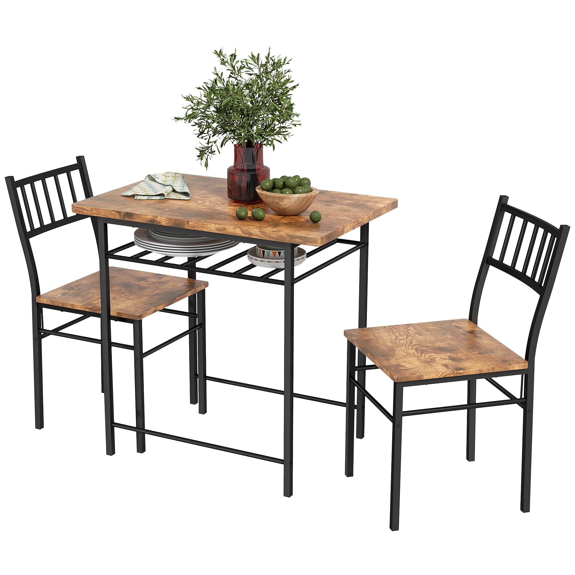 HOMCOM 3-piece dining table set with storage rack and rustic brown finish