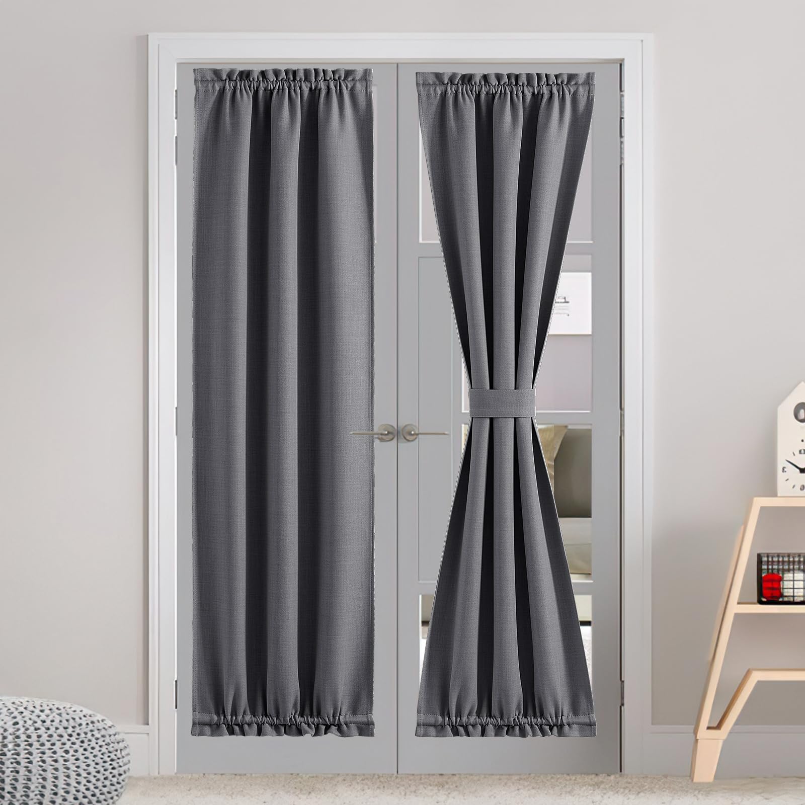 NICETOWN Room Darkening French Door Curtains, Privacy Faux Linen Curtains, 30 X 72 Inch French Door Shades for Glass, Thermal Insulated Rod Pocket Shades, 1 Panel, Charcoal Gray