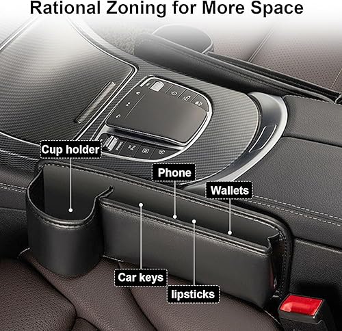 Miniatura 3 de Organizador de espacio para asiento de automóvil con soporte para tazas, paquete de 2 cajas de almacenamiento ajustables de cuero para asientos