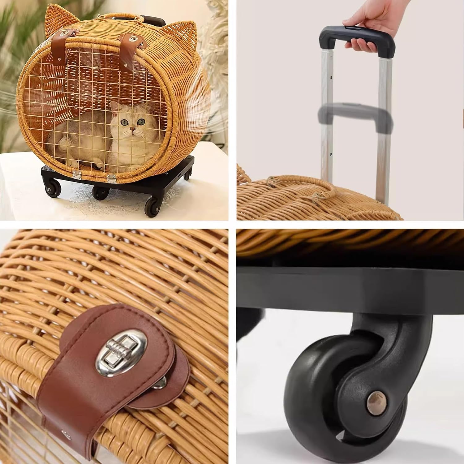 Pet Carriers for Cats with Wheels, Faux Rattan Large Cat Carriers for Large Cats 12kg, Soft Cushion, Ideal for Traveling with Pets Vet Visits and Walks