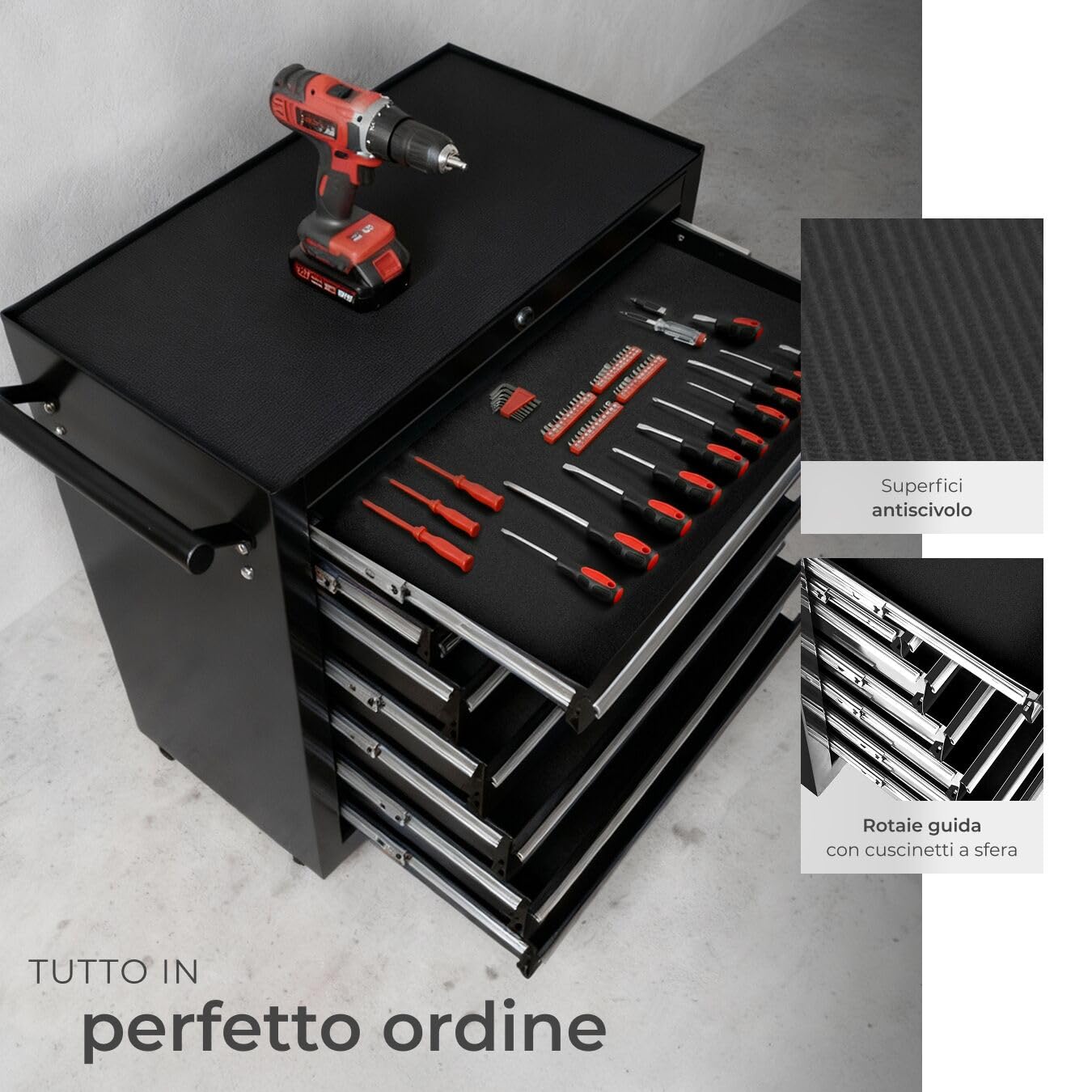 tectake® Carrello Portautensili, Carrello, Porta Attrezzi Officina con Ruote, 7 Cassetti, Carrello Porta Attrezzi, Attrezzatura Officina, Attrezzi da Lavoro - Nero