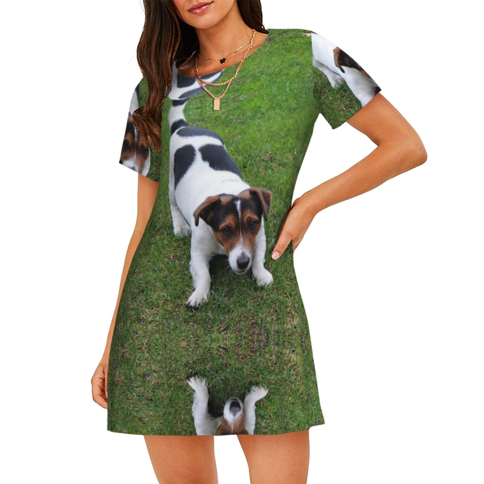 Alliya Women's Black Dogs Playing On The Lawn Short-Sleeved Nightdress Summer Family Casual Essentials Dress Home Clothes