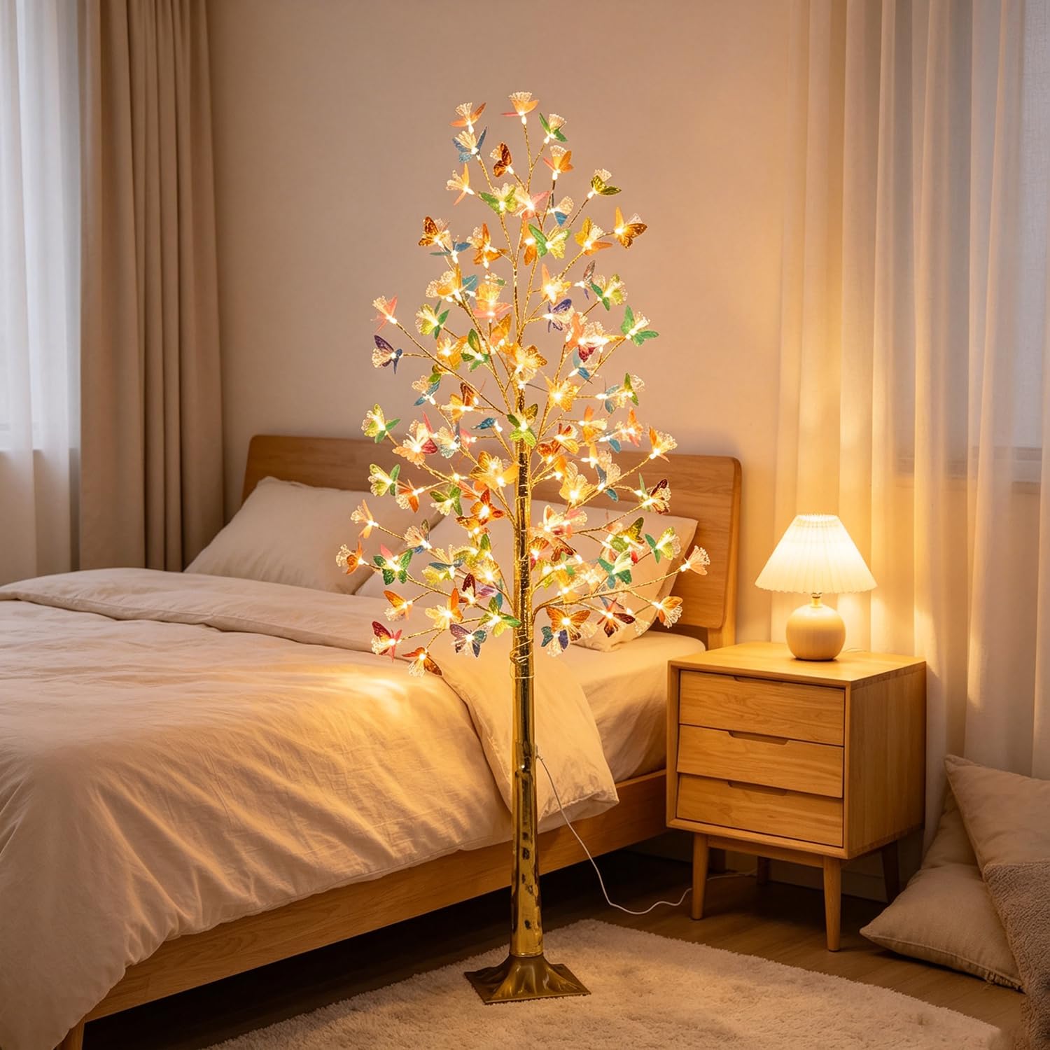 Arbre lumineux d'intérieur 180 cm, arbre LED avec 96 fleurs et lumière chaude, plante artificielle avec éclairage, sapin de Noël avec prise et câble, lampe décorative d'intérieur et d'extérieur