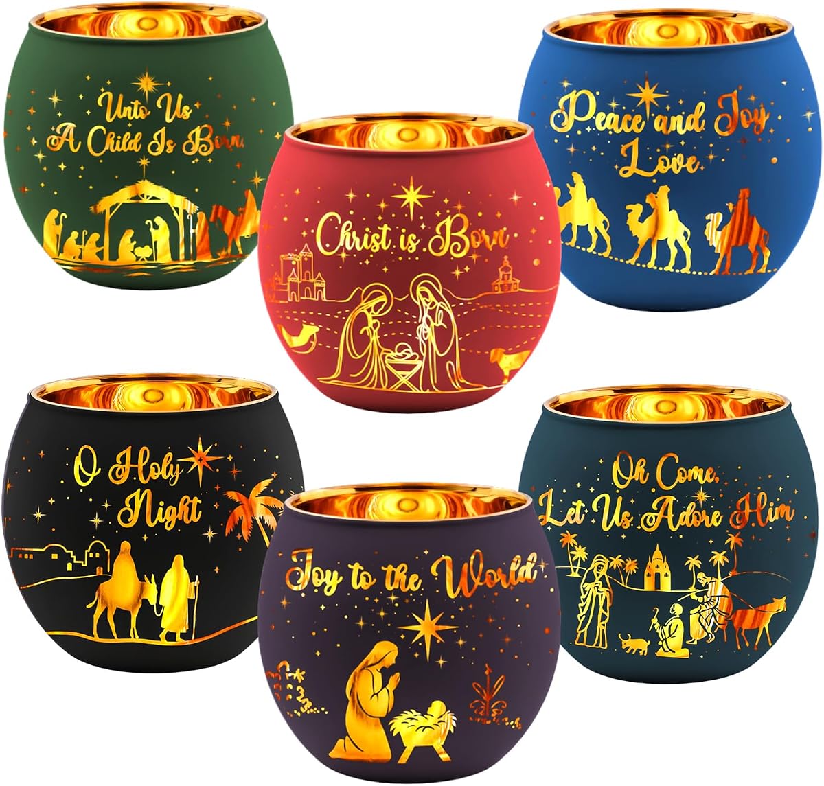 Jingmore 6 Pcs Glass Votive Holders Winter,Colorful | Gold Interior Etched Christmas Snowflake Design, Tiki Style Votive Holders for Mantle Table Centerpiece, Flameless Candles