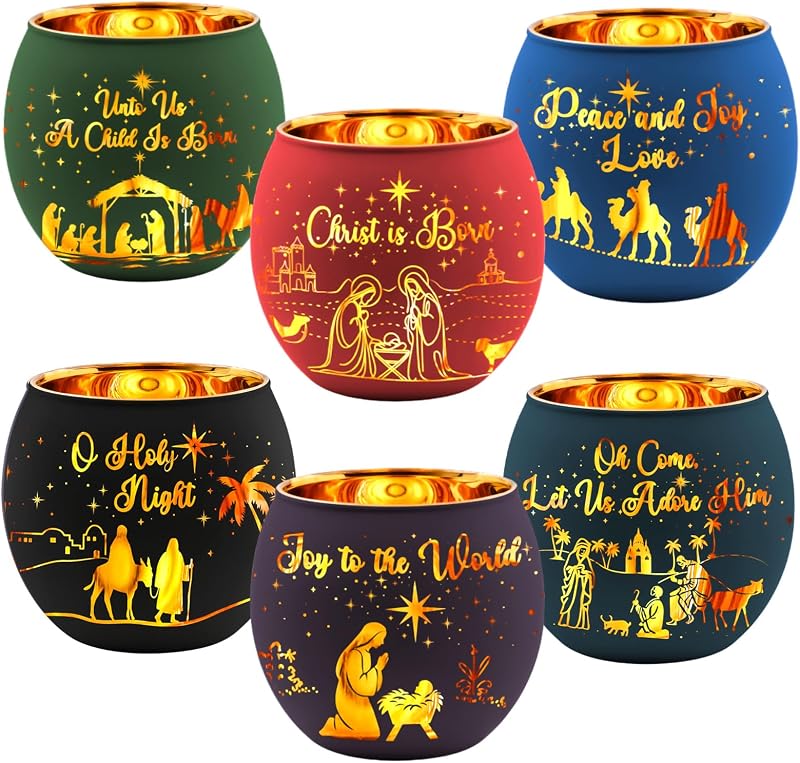 Jingmore 6 Pcs Glass Votive Holders Winter,Colorful | Gold Interior Etched Christmas Snowflake Design, Tiki Style Votive Holders for Mantle Table Centerpiece, Flameless Candles