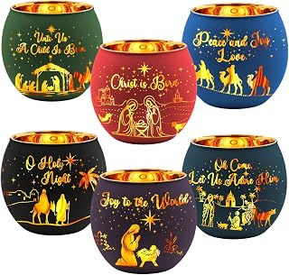 6 Pcs Christmas Nativity Scene Votive Candle Holder Glass Votive Holder Flameless Candles with 6 Laser Engraving Patterns for Home Xmas Holiday Decor