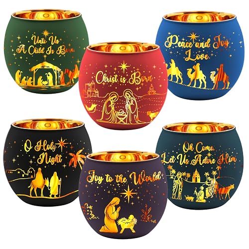 Jingmore 6 Pcs Christmas Nativity Scene Votive Candle Holder Glass