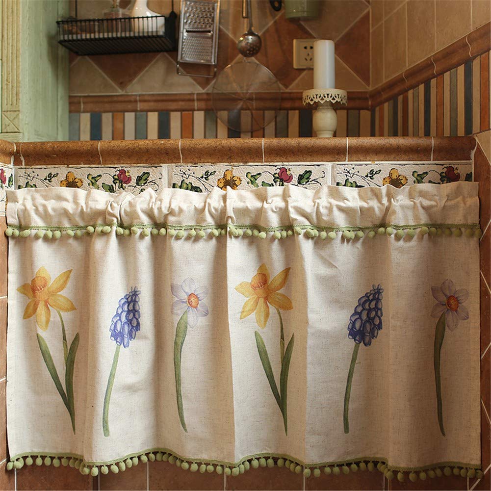Demi-rideau à pompons rustiques en coton et lin pour décoration de cuisine et salle de bain 200,7 x 58,4 cm