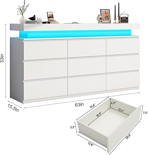 Miniatura 2 de Cómoda de 9 cajones para dormitorio, cómoda blanca con luces LED, cómoda moderna para armario, armario organizador de cajones de 63 pulgadas de