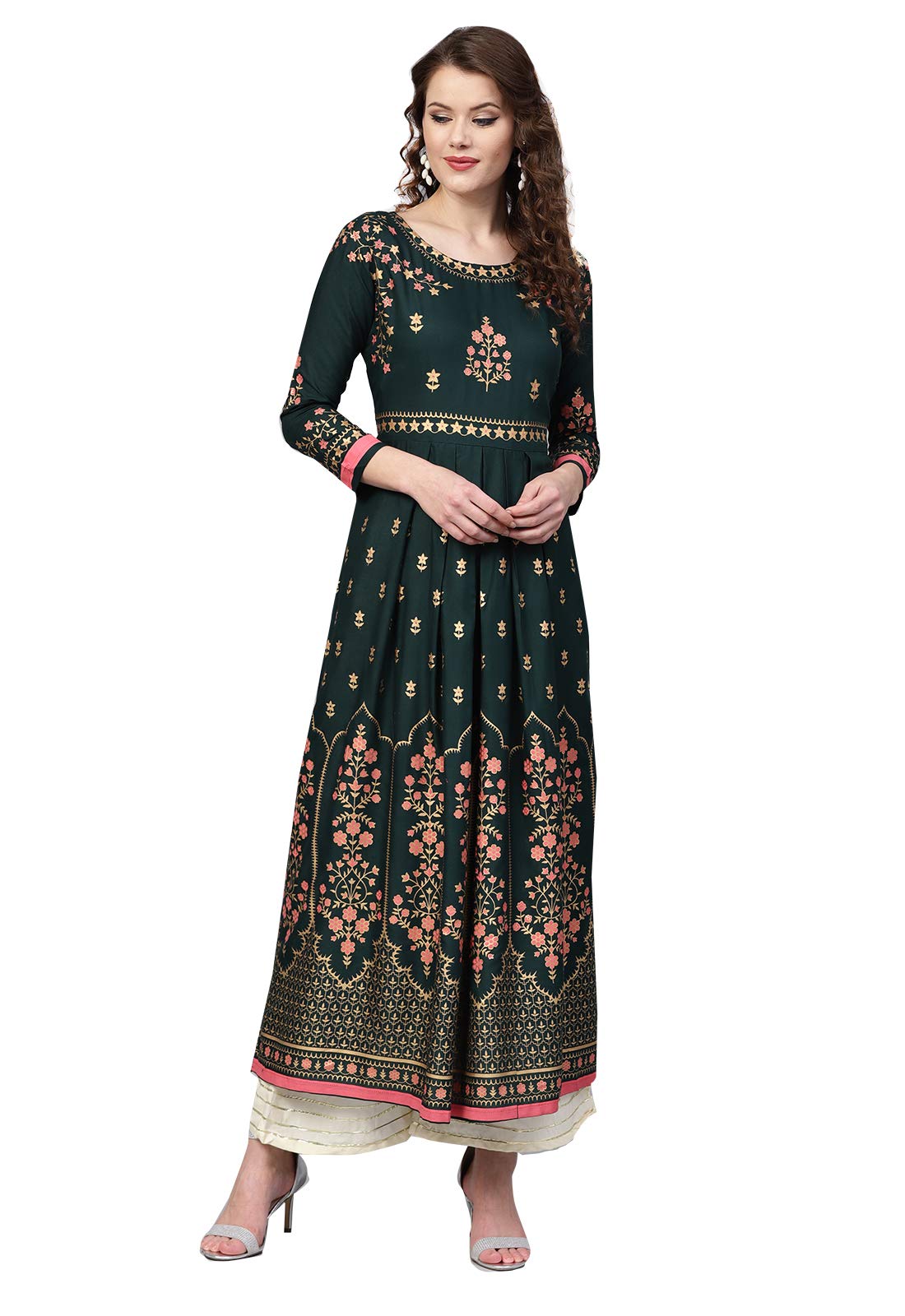 Ishin Women's Rayon Green Printed Anarkali Kurta