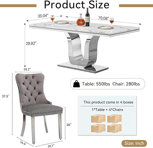 Miniatura 3 de Juego de mesa de comedor de mármol sintético blanco plateado de 70 pulgadas para 4, 5 piezas rectangulares de cocina con base de acero inoxidable en