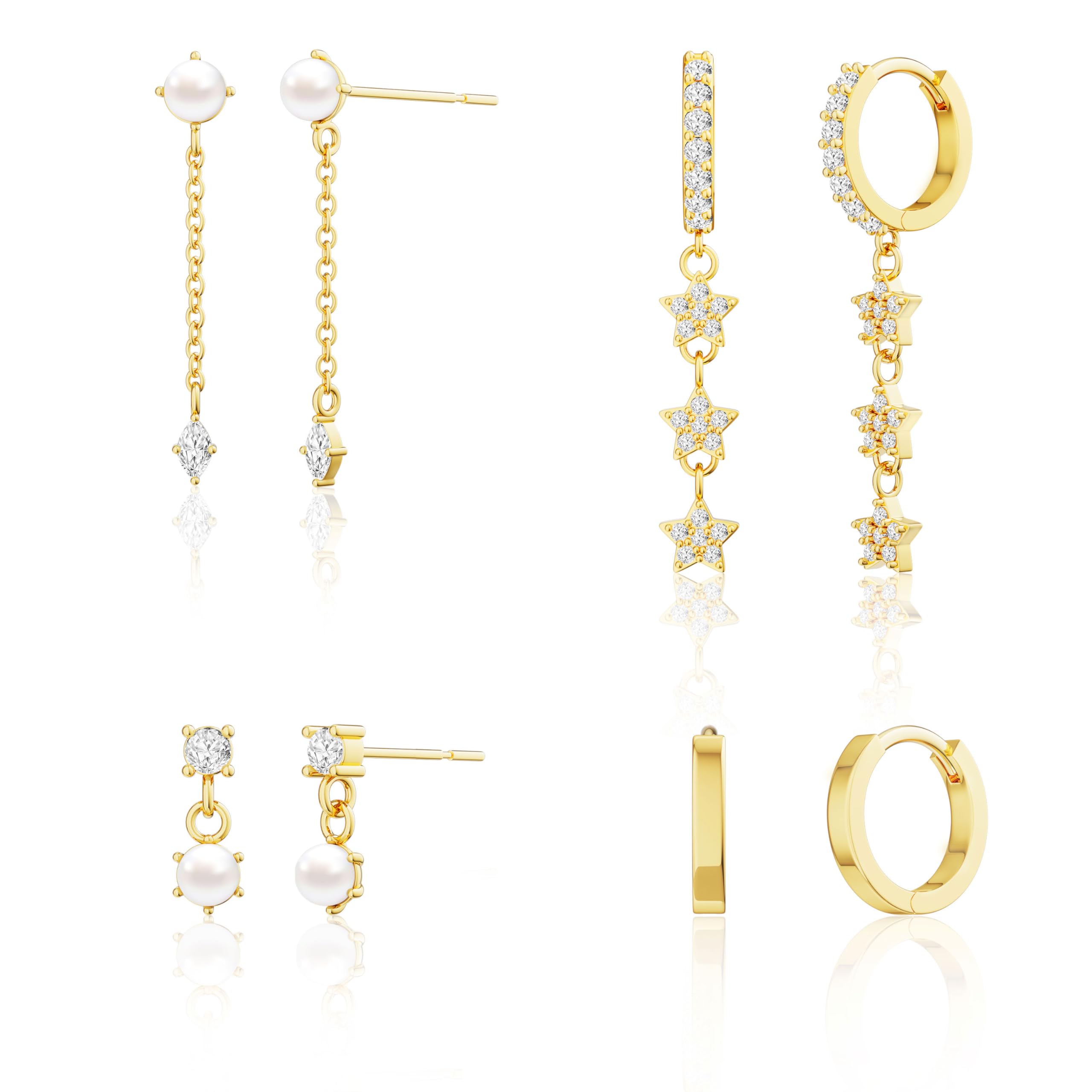 Moodear Pearl Dangle Hoop Earrings for Women - Dainty Hypoallergenic 14K Gold Plated Small Drop Chain Hoops Trendy Earring Sets for Multiple Piercing Jewelry