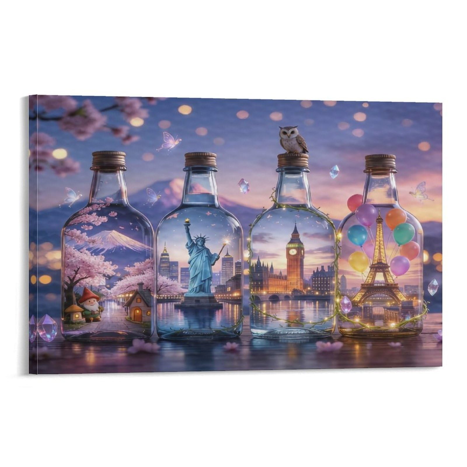 CPLVKWRQJ Travel Souvenir Bottles Individual Landmarks in Bottles Art Framed Canvas Art - Office Wall Decor Multi-Purpose Fade Resistant Statement Piece 20x30inch(50x75cm)