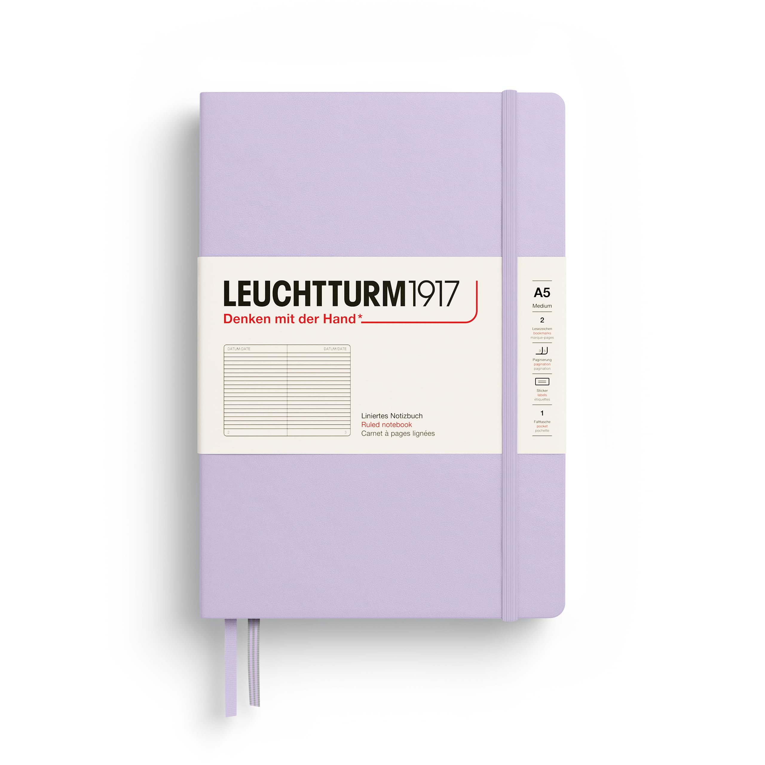LEUCHTTURM1917 365482 Notebook Medium (A5), Hardcover, 251 Numbered Pages, Lilac, Ruled