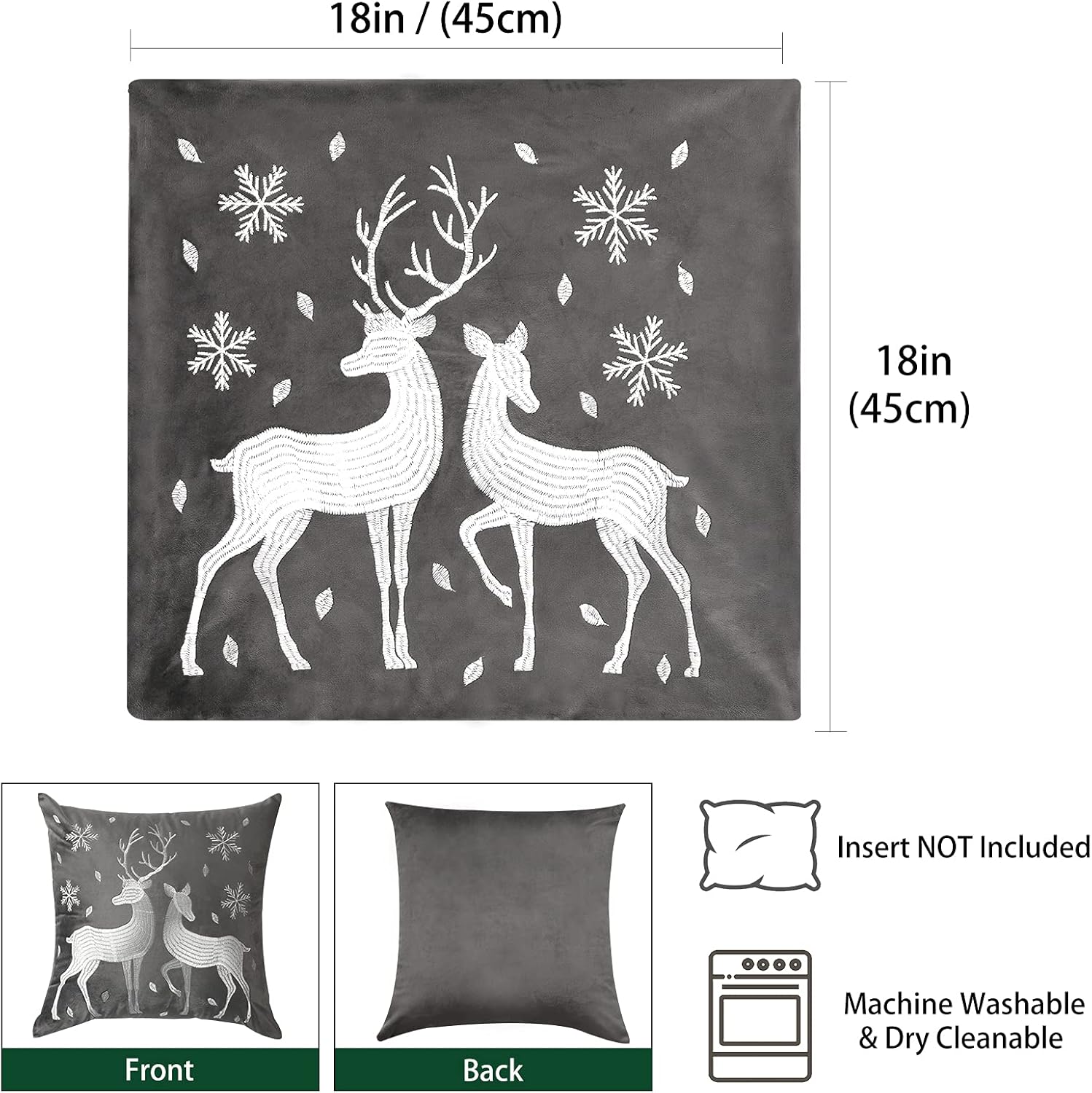 Lewondr Christmas Soft Velvet Throw Pillow Cover, 2 Pack Deer Snowflake Embroidery Decorative Throw Pillow Case Luxurious Sofa Cushion Cover for Home Christmas Decoration 18"x18"(45x45cm), Gray