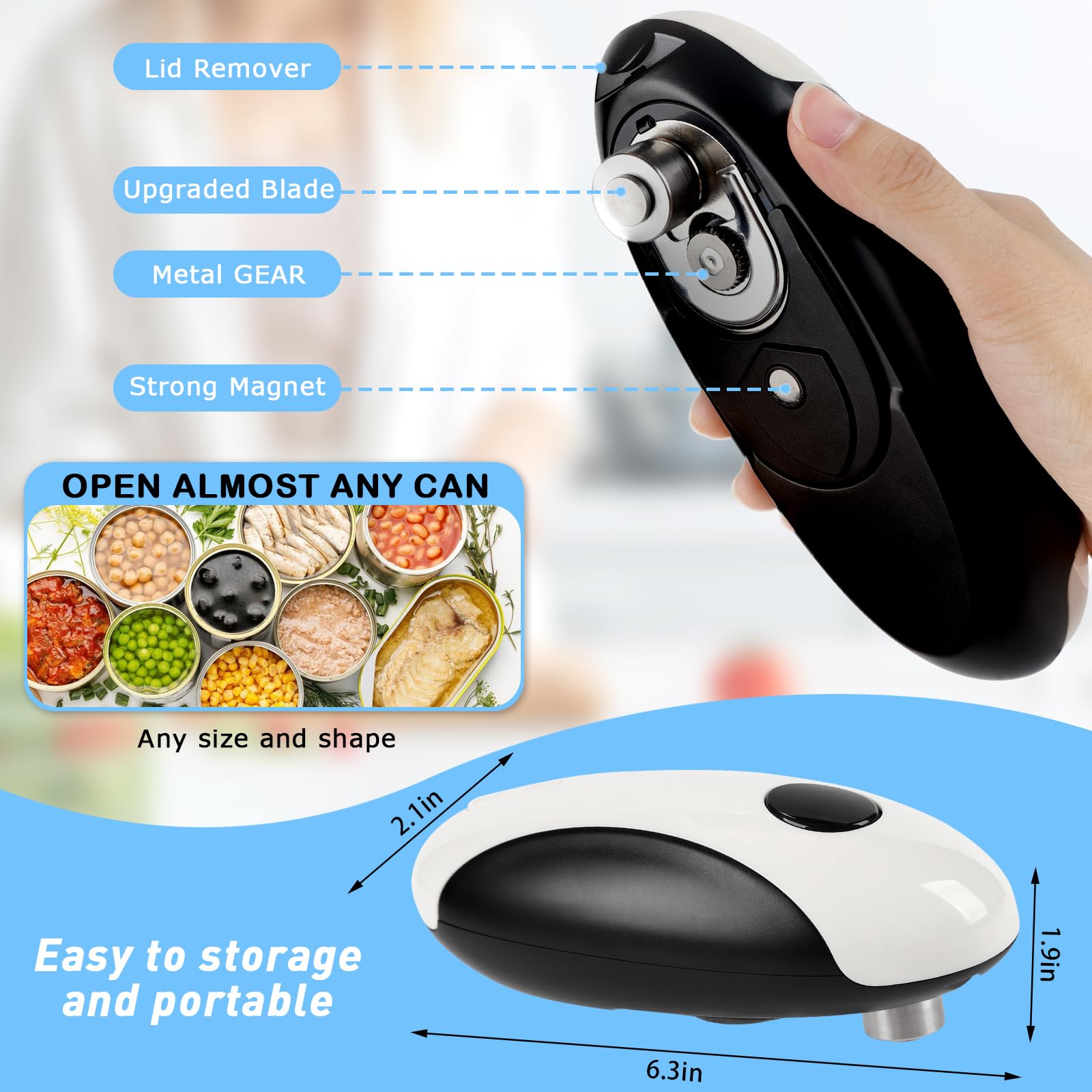 Abrelatas eléctrico recargable de un solo toque, manos libres, automático, de borde suave, para personas mayores y artritis, carga rápida USB-C, compacto para cocina, camping, todos los tamaños de