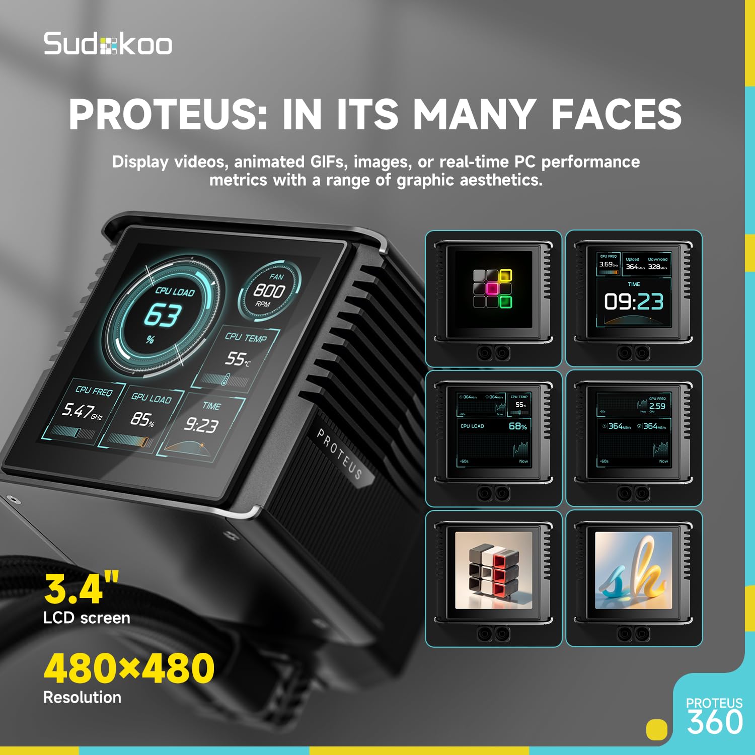 Proteus 360 Liquid CPU Cooler: 360mm AIO LCD CPU Cooler with Customizable 3.4" Digital Display - Water Cooling with 30mm Thick Fans for Intel LGA 1851/1700/1200/115X AMD AM5/AM4